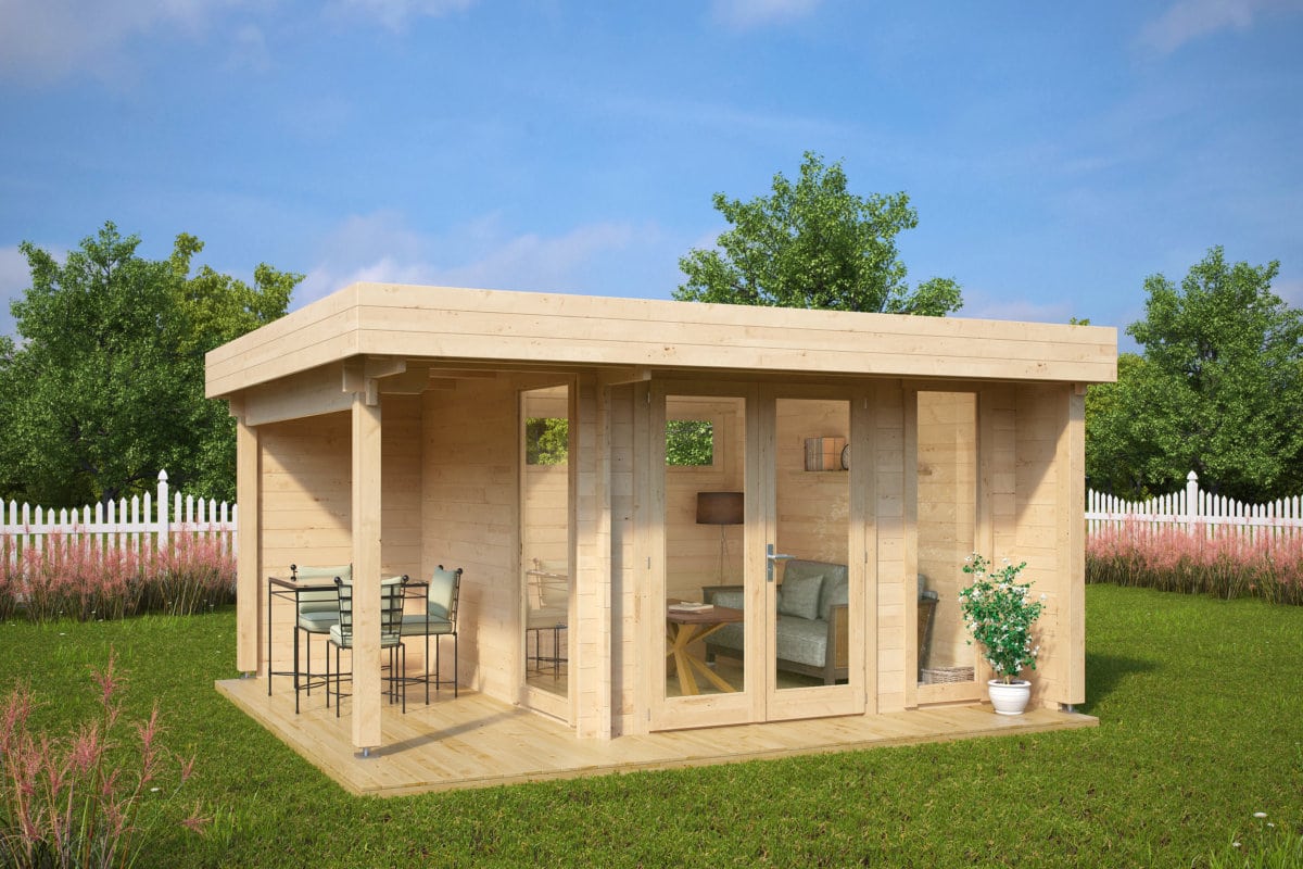 Gartenhausli “Mini Hansa Lounge” 4x4m | Kleines zeitgenössisches Gartenbüro Mini Hansa Lounge | Fertiges Blockhaus-Gartenbüro mit Sonnendach, mit Terrasse Unkategorisiert online kaufen