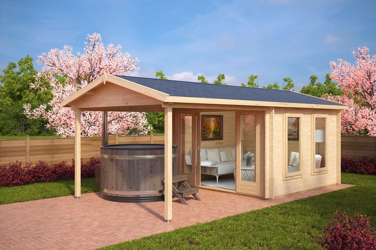 Gartenhausli mit Vordach “Nora E” 3x6m | Gartenhausli mit Vordach | Modernes Vordach aus Holz | Gartenhausli mit Überdachung im Garten mit Sonnendach Unkategorisiert Produktbild