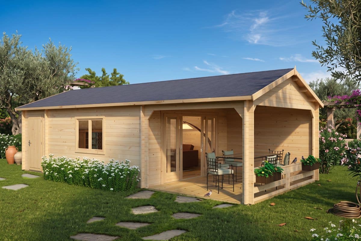 Großes Gartenhausli mit Terrasse “Heinz” 9x4m | Gartenhausli mit Veranda 4x9m | Gartenhausli mit Terrasse und Terrassenüberdachung mit Schuppen, mit Sonnendach, mit Terrasse Unkategorisiert online kaufen